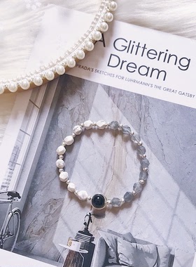 ins天然白松石黑玛瑙转运珠灰水晶纯银手链女个性简约手串闺蜜