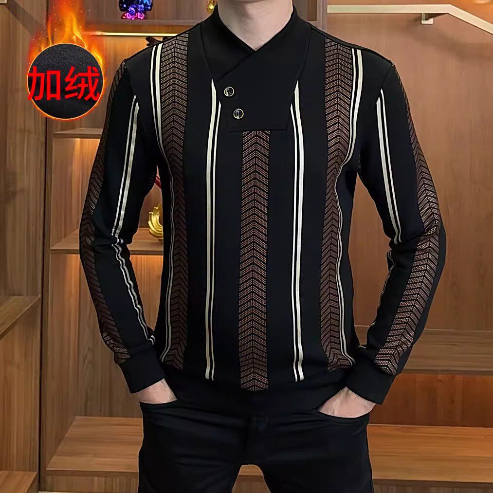 顿恒男装冬季加绒时尚潮流百搭围巾领男装修身条纹打底衫长袖卫衣