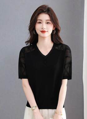 点击率女装v领镂空冰丝短袖t恤夏季新款蕾丝领钉珠显瘦针织上衣
