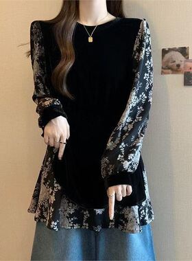 铂瑾女装2026春季新款圆领拼接洋气百搭上衣女金丝绒拼接长袖T恤