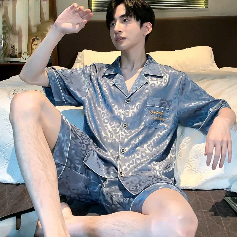 玟若时尚男装冰丝男士睡衣2026夏短袖短裤薄款真丝凉感宽松家居服