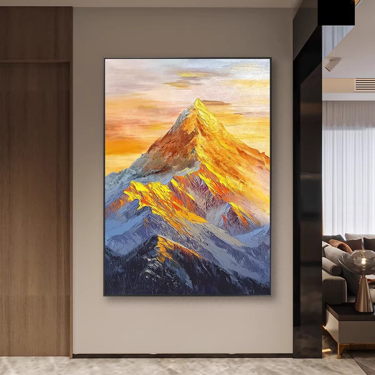 现代简约客餐厅日照金山纯手绘肌理油画走廊玄关电表箱遮挡装饰画