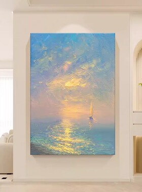 海上日出装饰画手绘肌理油画风景帆船玄关卧室客厅走廊高级感挂画