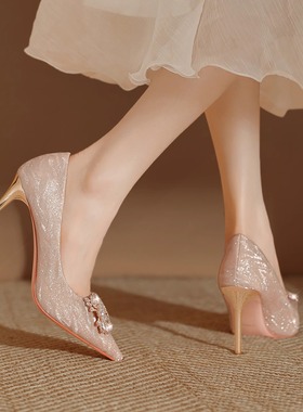 法式绝美水晶婚鞋女秀禾婚纱两穿高跟鞋水钻格利特新娘主婚纱单鞋
