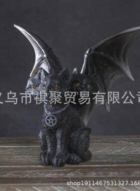 亚马逊万圣节跨境新款暗黑蝙蝠翅膀三头猫树脂工艺品装饰摆件