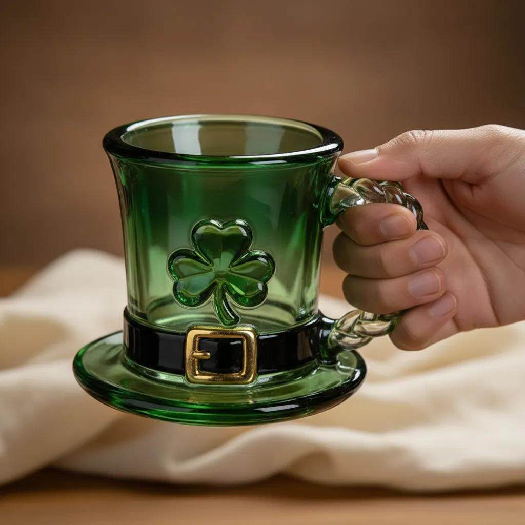 跨境Lucky Shamrock Leprechaun Hat Glass Mug幸运妖精帽马克杯