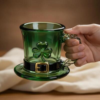 跨境Lucky Shamrock Leprechaun Hat Glass Mug幸运妖精帽马克杯