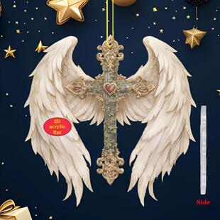 跨境亚克力平面十字架救赎天使汽车挂件翅膀守护天使挂件装 饰品