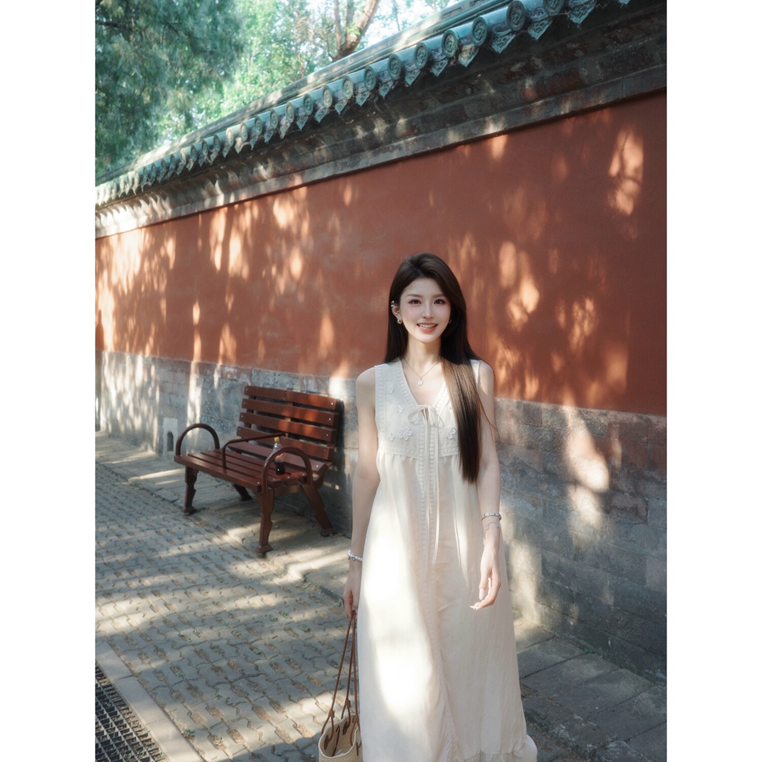 小象【落日柔光】系带立体花朵刺绣荷叶边纯棉亚麻感无袖连衣裙女