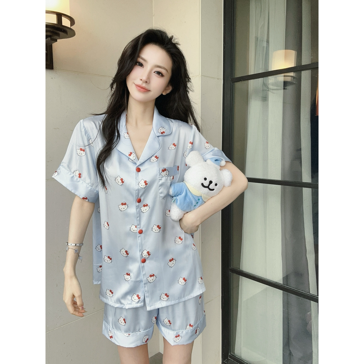 小象 【冰蓝kitty猫】软糯缎面短袖短裤睡衣家居服套装冰丝绸少女