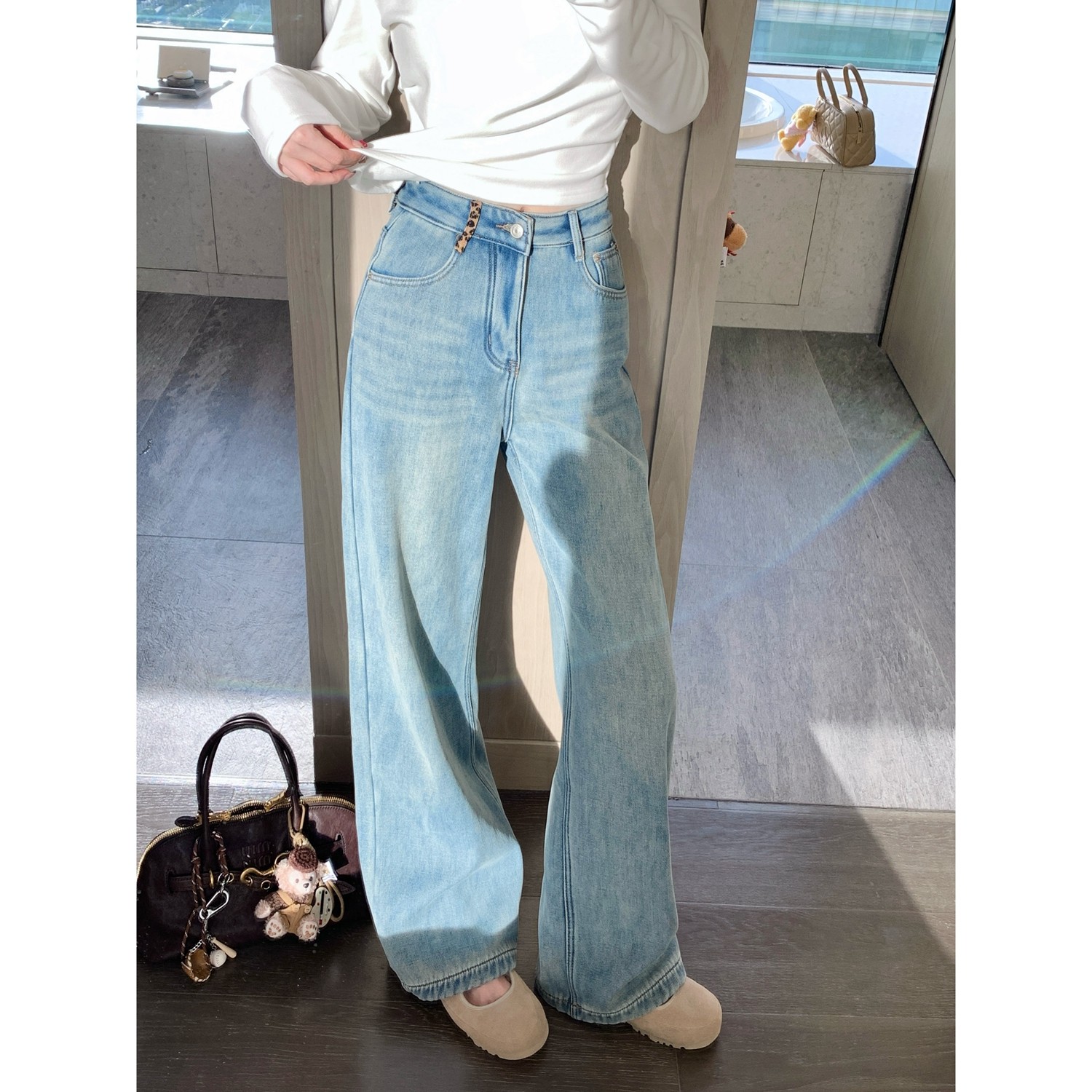 小象【冬日神裤】加厚婴儿绒高腰显瘦水洗牛仔裤女豹纹直筒阔腿裤,女装/女士精品,牛仔裤,淘宝优惠券,粉丝福利购,淘宝优惠卷