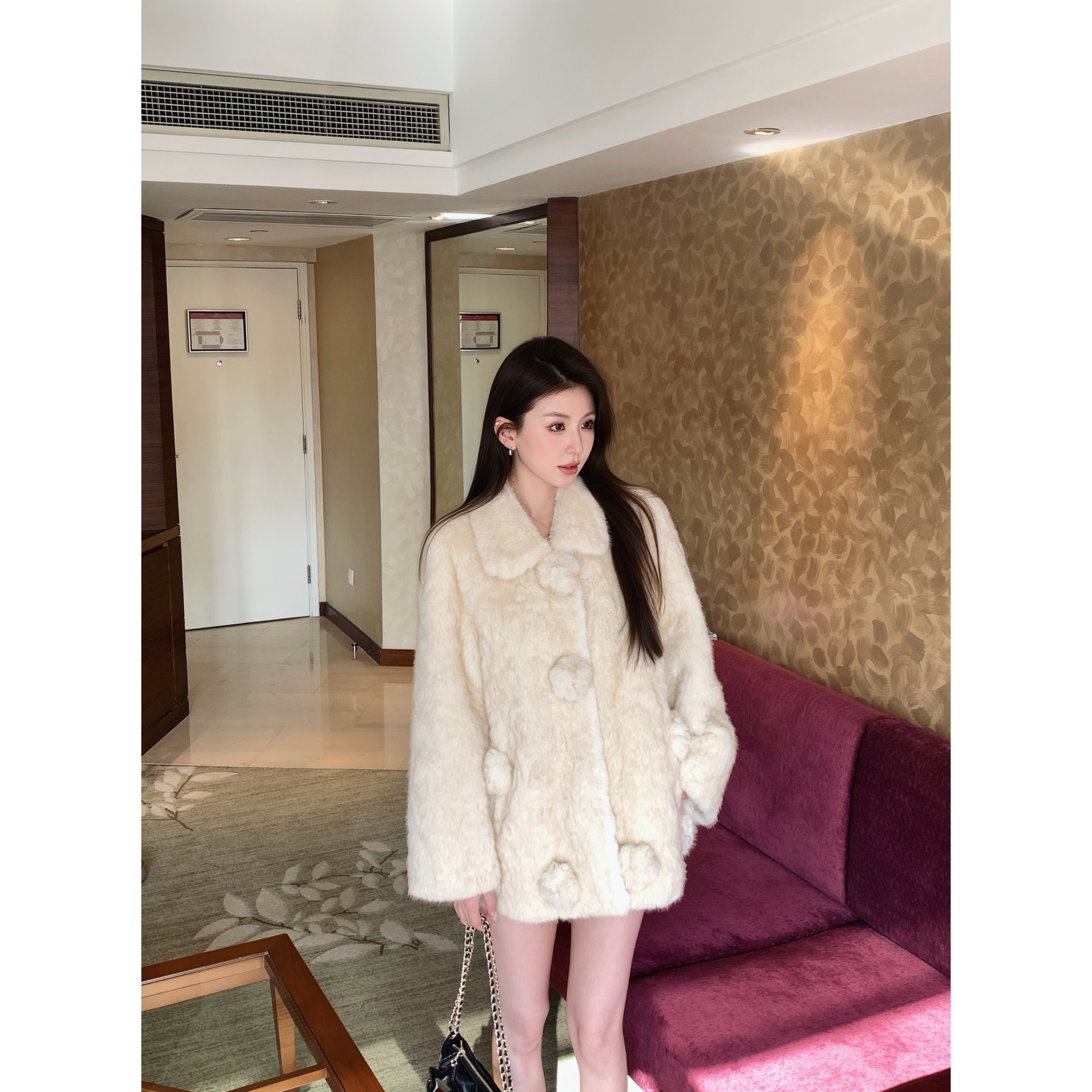 小象【甜甜奶球】花朵中古款毛球环保皮草皮毛一体毛毛外套冬季女
