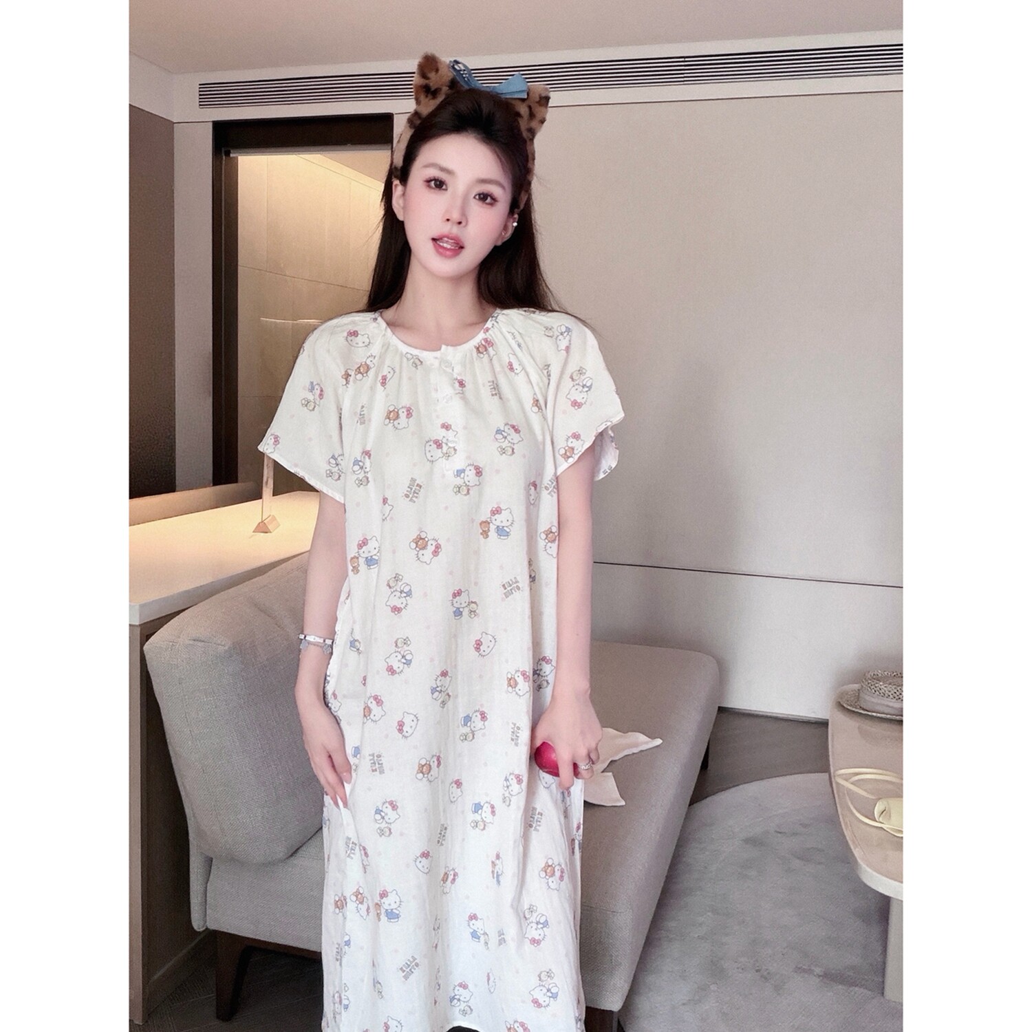 小象【宅家喵喵】软糯婴儿纯棉纱短袖睡裙睡衣连衣裙女卡通家居服
