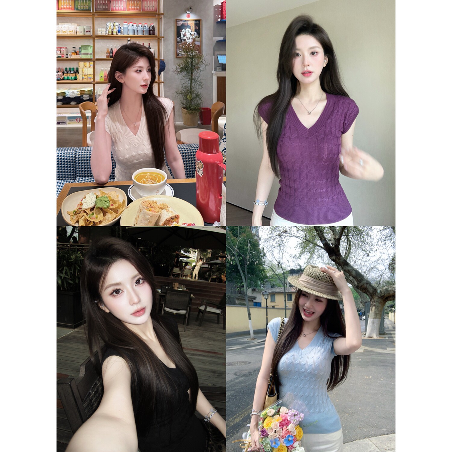 小象【调色盘】气质V领麻花显瘦收腰肌理感坎肩包肩袖针织衫上衣