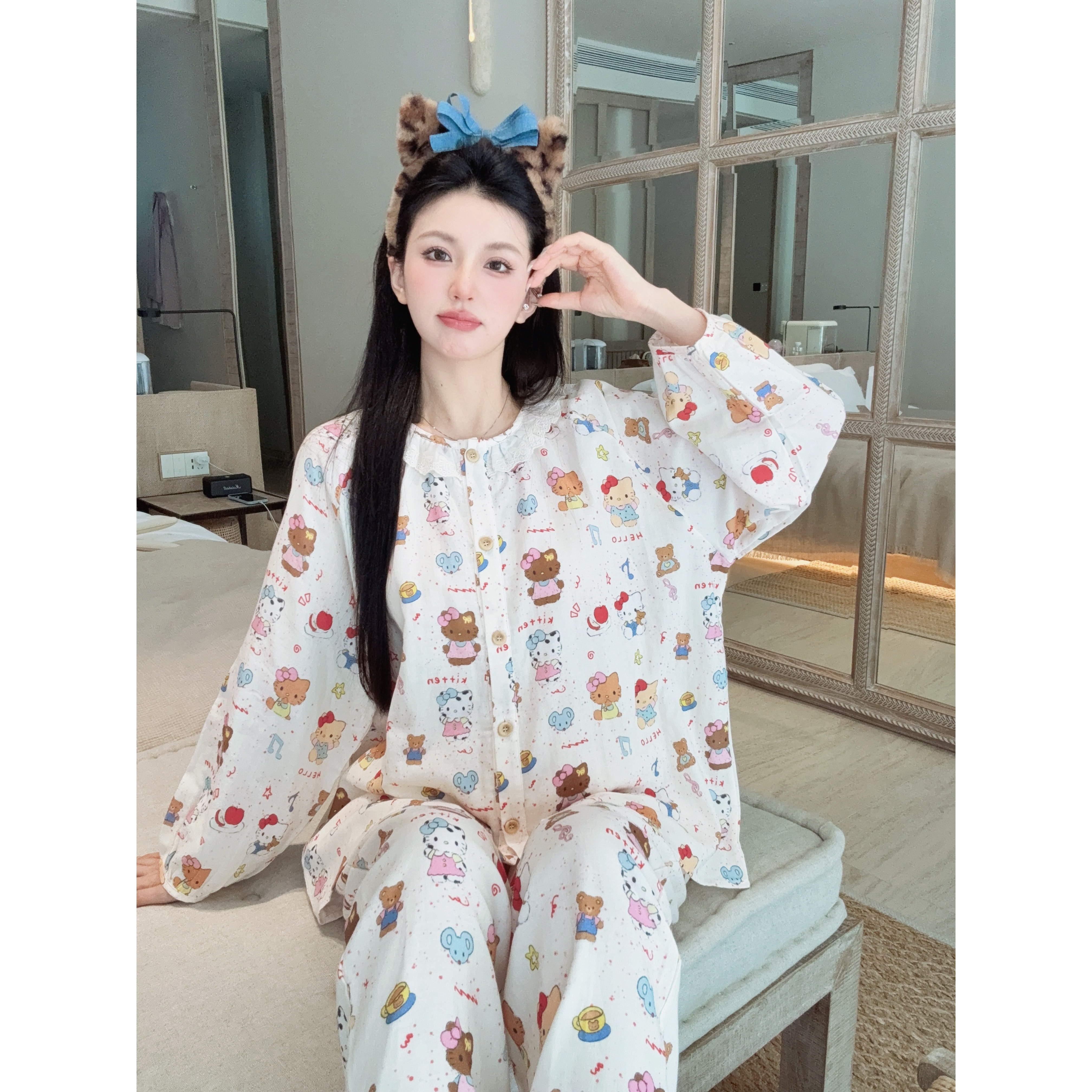 小象【夏威夷kitty】100%双层棉纱蕾丝边长袖+长裤睡衣家居服套装,女士内衣/男士内衣/家居服,睡衣/家居服套装,淘宝优惠券,粉丝福利购,淘宝优惠卷