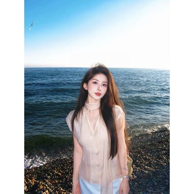 夏季通勤V领蕾丝飘带上衣女