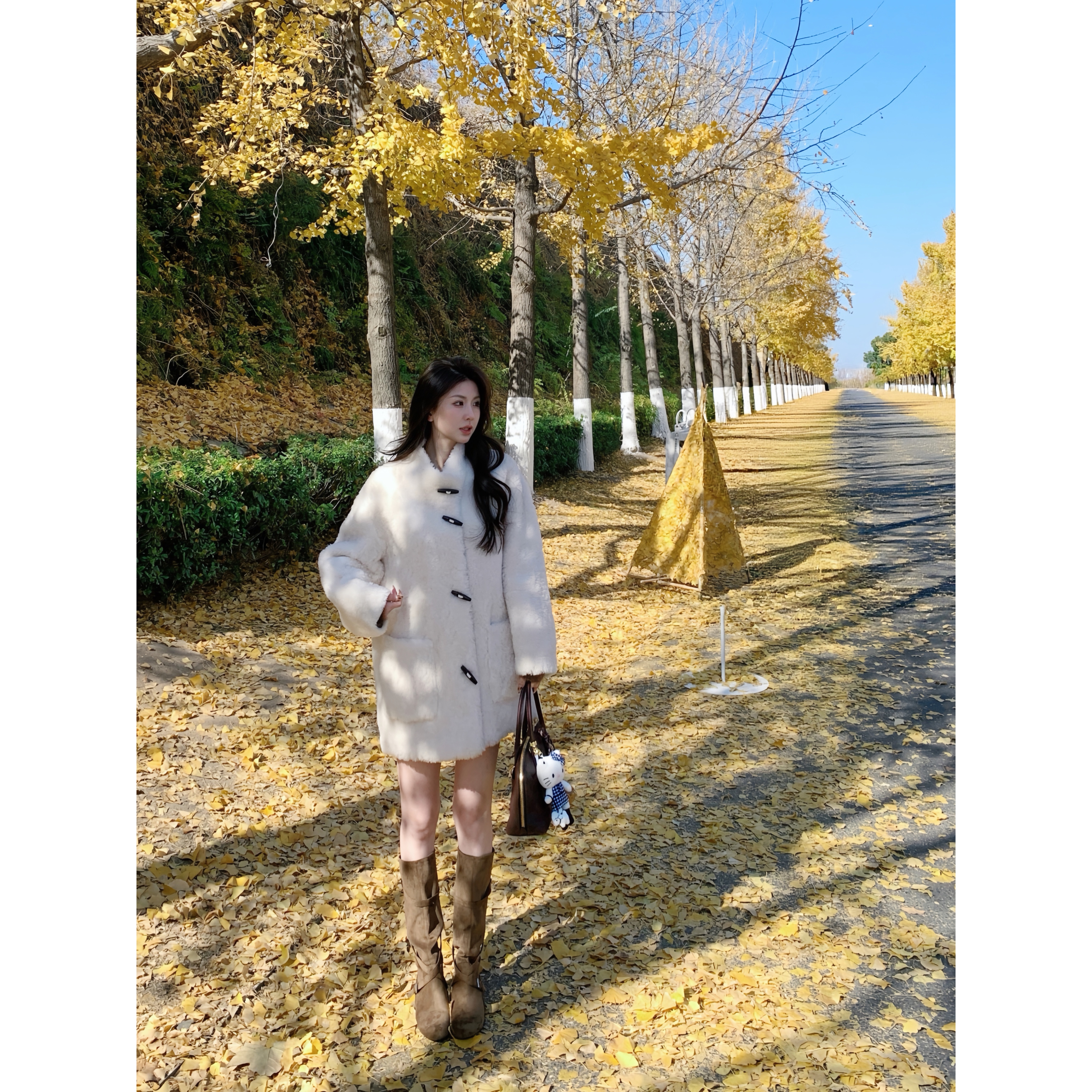 小象中长款立领羊剪绒羊羔毛外套