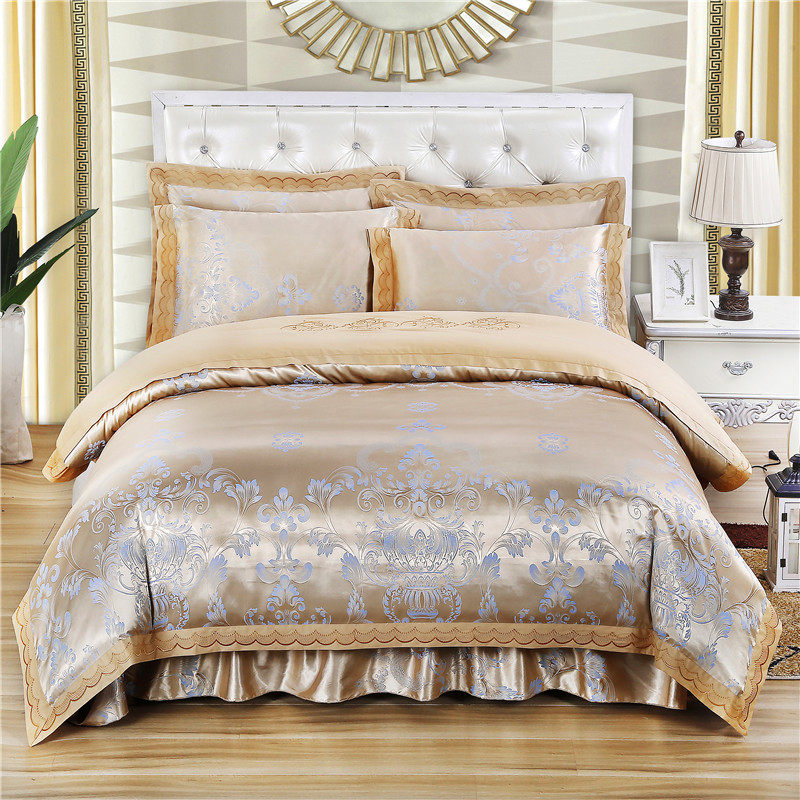 欧式夹棉床裙款四件套全棉纯棉贡缎提花被套床罩床笠结婚床上用品