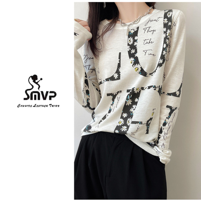 （SMVP专属） 印花上衣打底针织衫女圆领毛衣春秋新款毛衫上衣-40