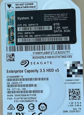 联想00FN173 00FN174 6T 7.2K SATA SR590 SR650 ST558服务器硬盘