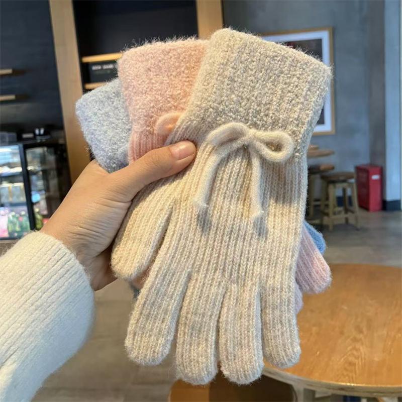 新款蝴蝶结毛线手套女冬季保暖全五指防风防寒学生加厚针织可触屏
