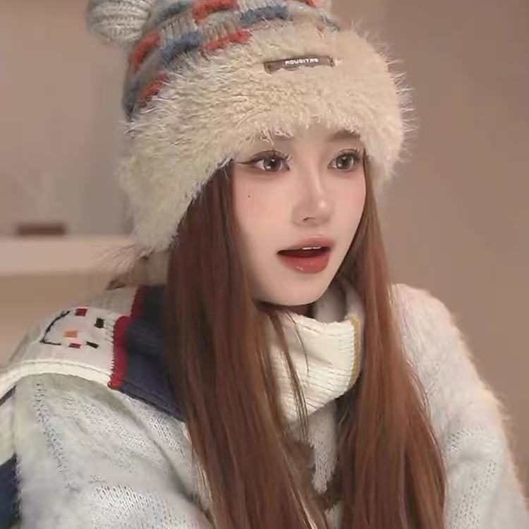 可爱拼色小熊耳朵针织帽子女冬季