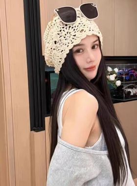 日系手工钩花堆堆帽子女2025年新款镂空透气毛线帽文艺复古针织帽