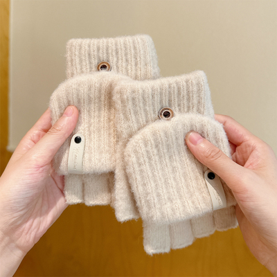 手套冬天女毛线保暖可爱写字露指