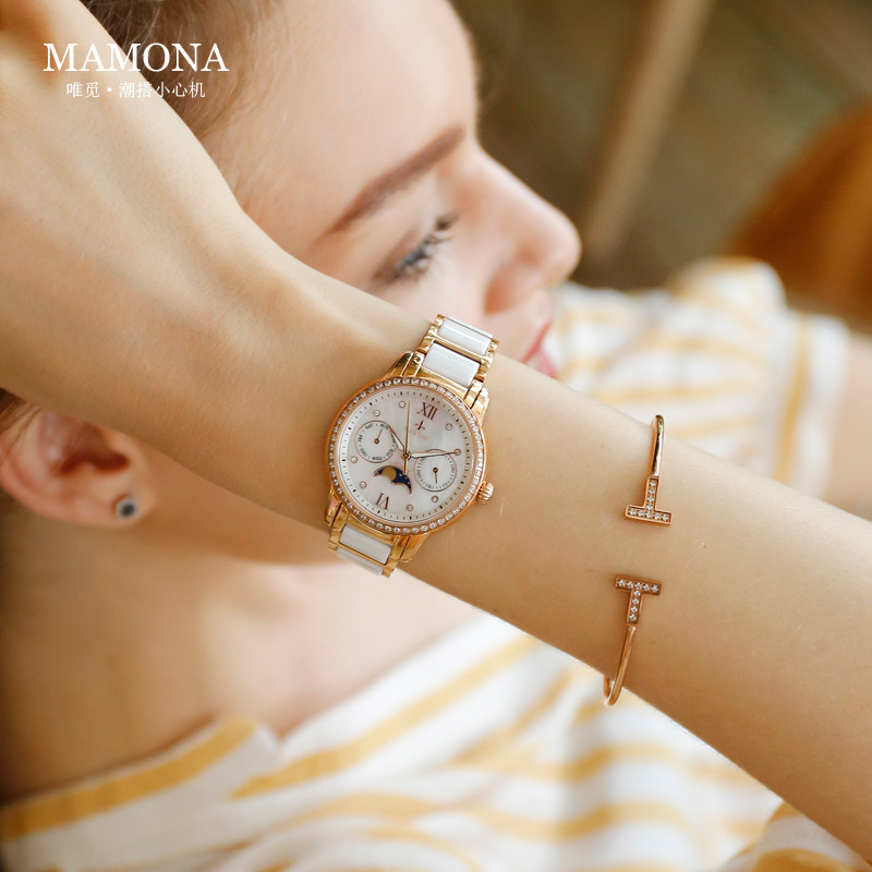 米纳手表女正品时尚潮流白色气质陶瓷腕表新款多功能防水月相女表