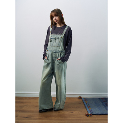 Hello September 休闲随性复古经典百搭长款洗水背带牛仔裤H60237