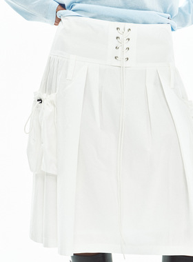 Hello September 古绑带立体抽褶口袋棉质纯色工装半身裙女V60536