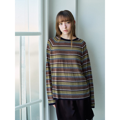 Hello September 休闲圆领天丝亚麻撞色百搭条纹毛织上衣H60331