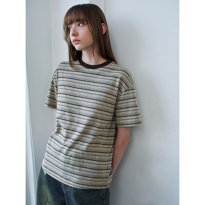 Hello September 新款撞色圆领条纹轻松百搭中长款短袖T恤H60493