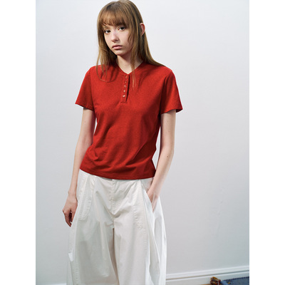 Hello September 休闲天丝亚麻短款简约百搭亨利领短袖T恤H60167