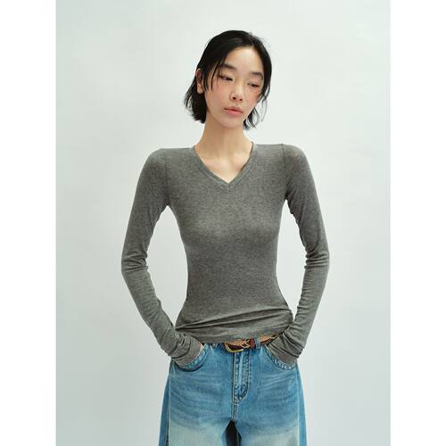 Hello September 天丝羊毛柔软亲肤V领高弹贴身长袖打底衫V60449