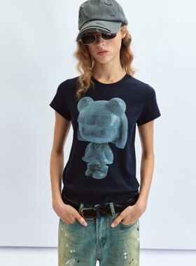 Hello September 纯棉水泥玩偶印花修身圆领短袖T恤上衣女V60142