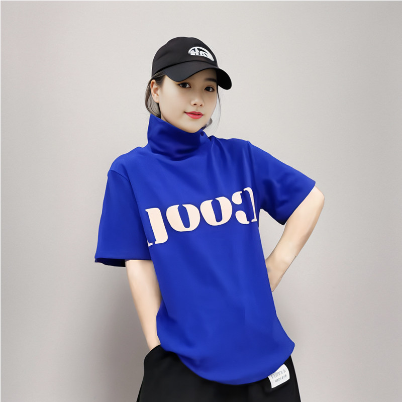 纯棉2024夏季新款文艺复古前后字母五分袖T恤高领时尚套头打底衫