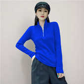 宽松大码 遮肉女士上衣 休闲百搭时尚 翻领t恤纯棉春秋长袖 拉链新款