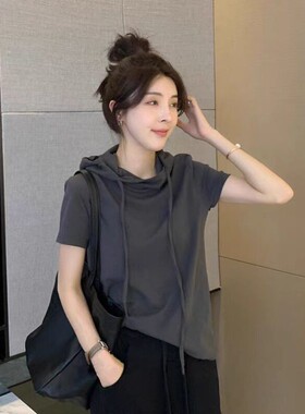 夏季新款大码气质减龄深灰色连帽短袖T恤宽松显瘦百搭休闲风上衣