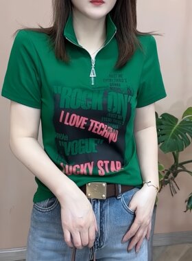 立领薄款纯棉女宽松短袖t恤