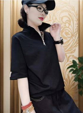 纯棉夏季立领短袖t恤宽松韩版休闲半拉链时尚大码上衣气质女上衣