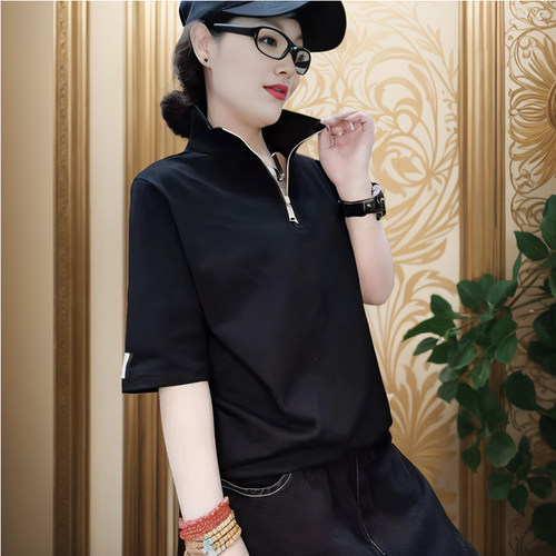 纯棉夏季立领短袖t恤宽松韩版休闲半拉链时尚大码上衣气质女上衣
