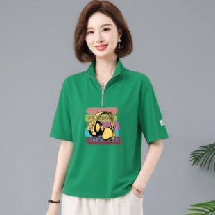 宽松显瘦印花遮肉上衣夏季通勤风常规款立领拉链五分袖T恤女套头.