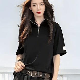 百搭休闲立领T恤气质显瘦欧货上衣甜飒 立领纯棉女衫 夏季 拉链短袖