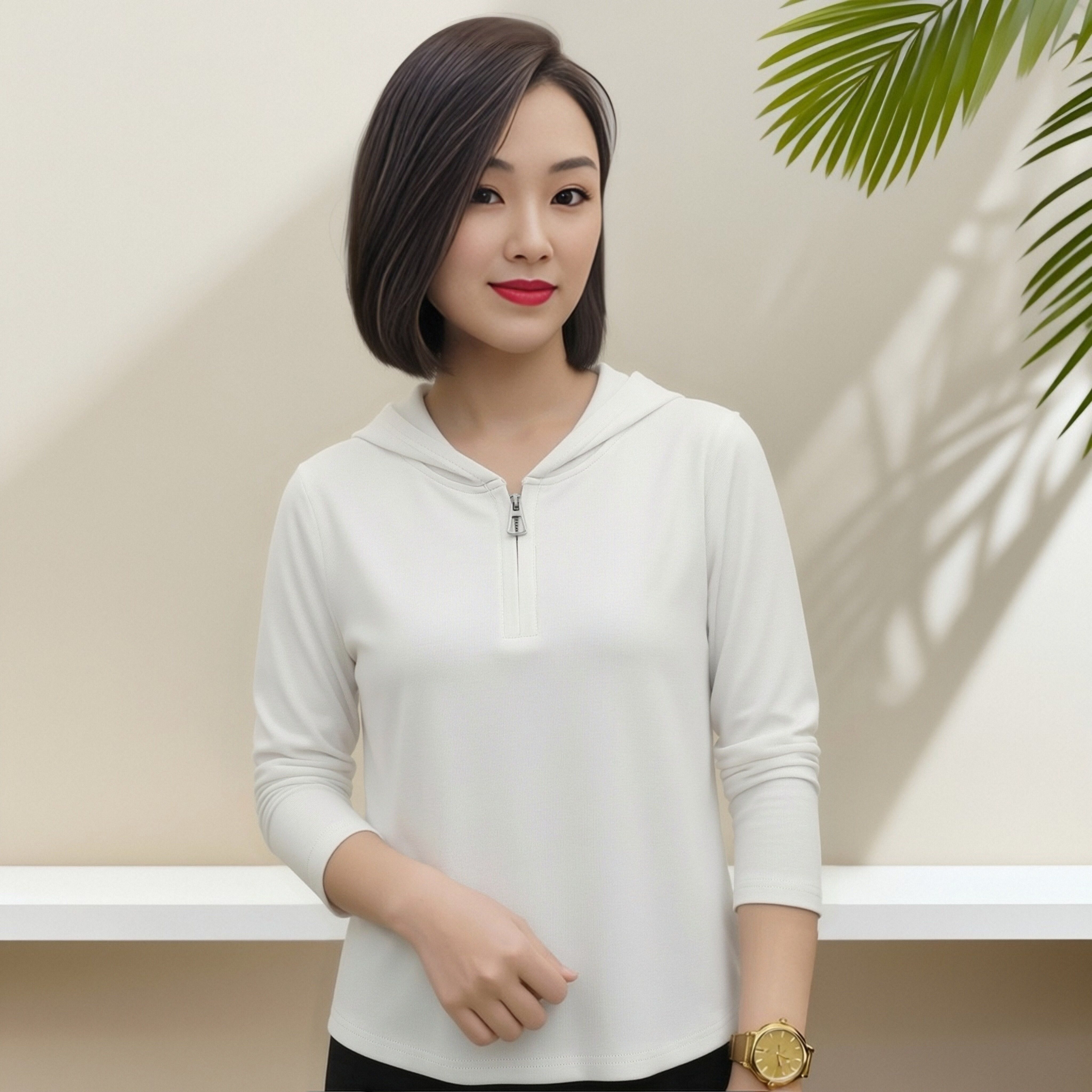 休闲拉链运动宽松百搭显瘦上衣女装2026年春秋套头连帽长袖T恤女.