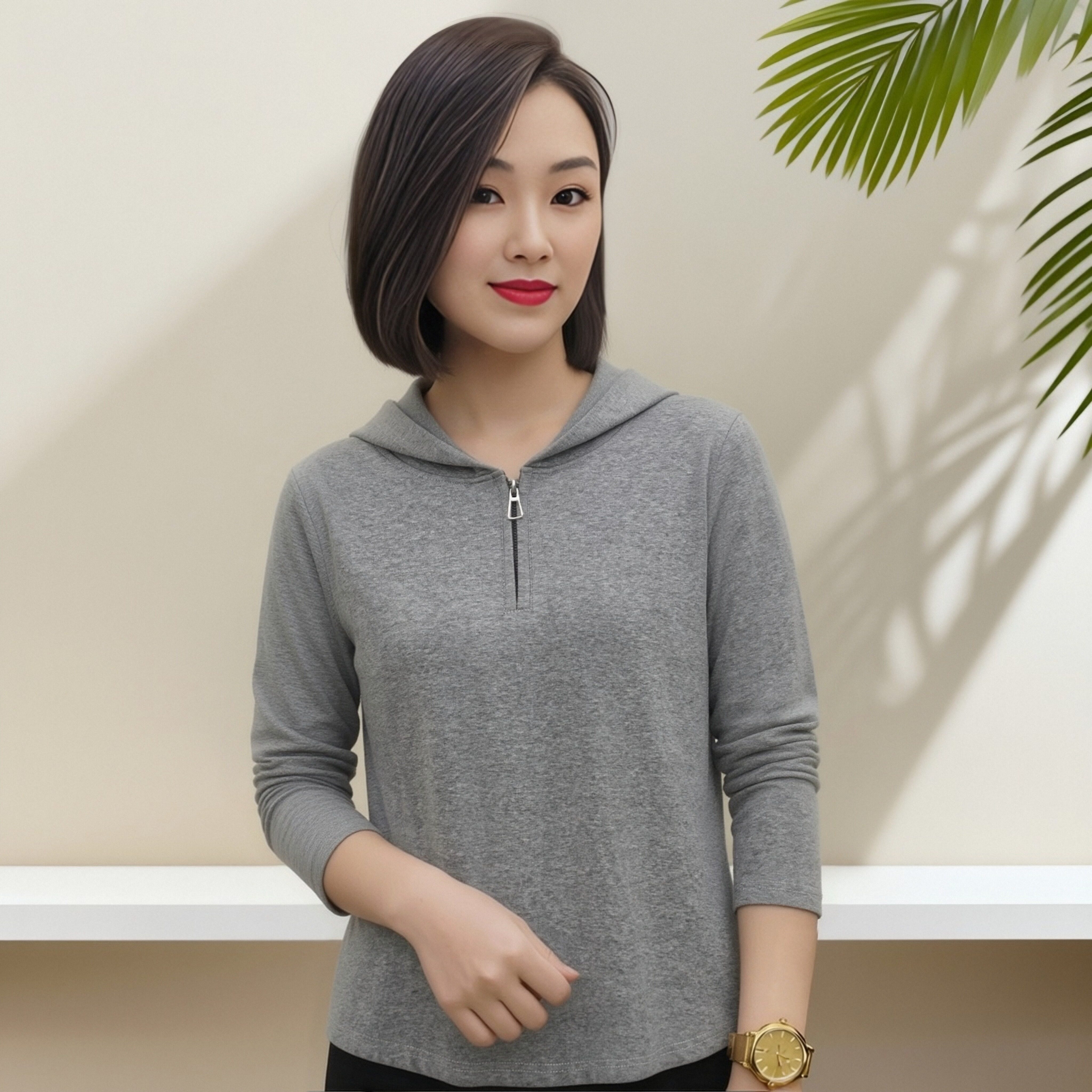 套头连帽长袖T恤女休闲拉链2026年春秋运动宽松百搭显瘦上衣女装.
