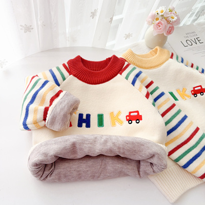 男童毛衣套头加绒加厚卡通小童冬装儿童针织衫加德绒内搭打底衫潮