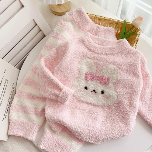 女童家居服套装女宝宝针织衫毛衣女宝半边绒睡衣两件套秋冬装可爱