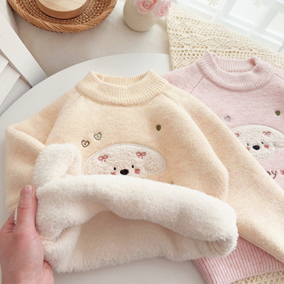 女宝宝毛衣一体绒加厚冬装洋气婴儿上衣小公主内搭加绒打底衫圆领