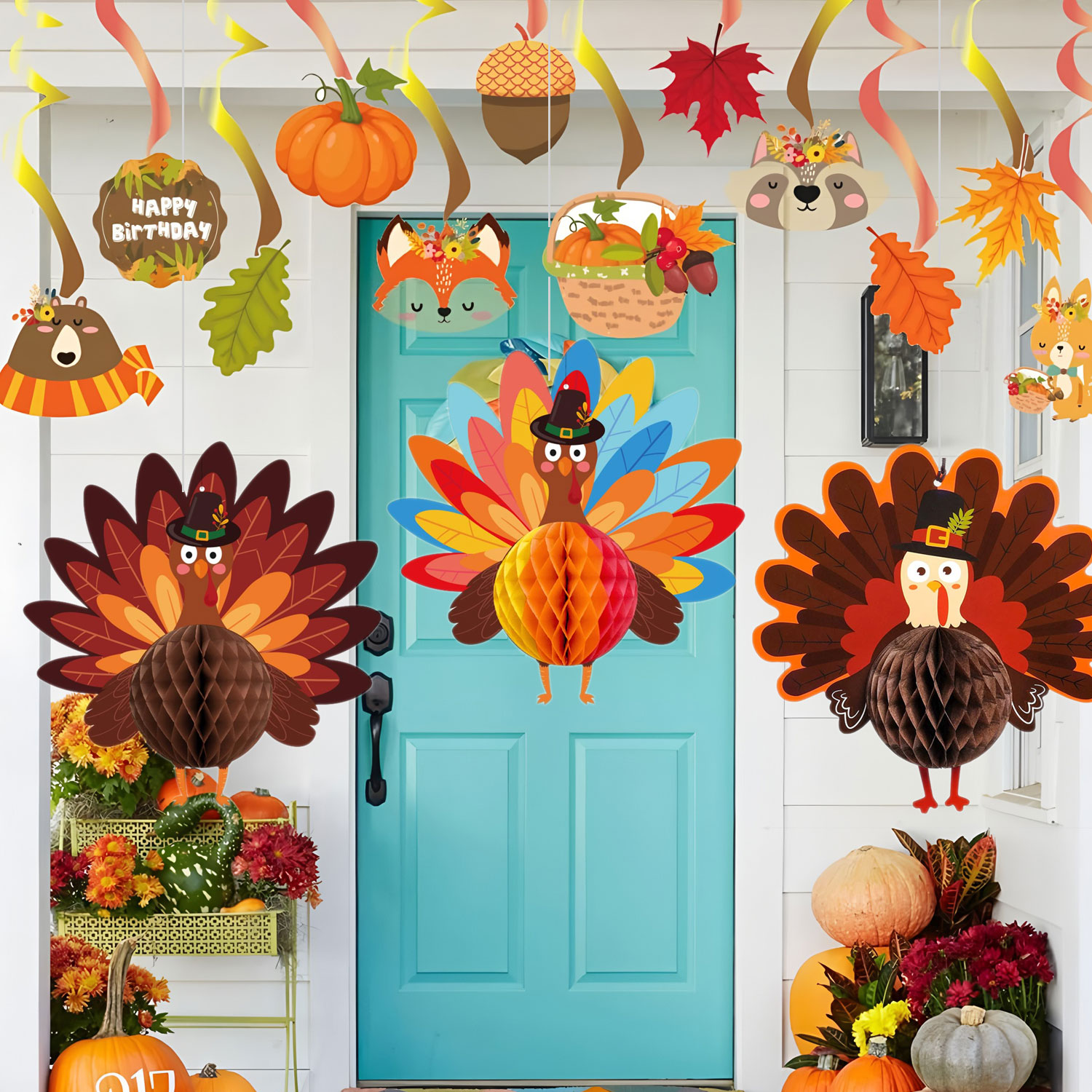 幼儿园教室自然角环创枫叶拉花感恩节派对布置火鸡蜂窝球创意吊饰